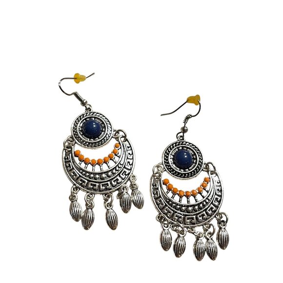 2~Boho Vintage-Style Dangle Earrings Yellow&Blue Stone Accents Silver-Tone Metal - Picture 7 of 9